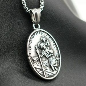 Stainless Steel 24" Oval Saint Christopher Chain Link Necklace